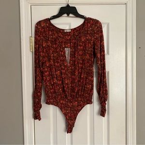Free People Kaya Floral Bodysuit In Chocolate Combo Keyhole XS Red Green